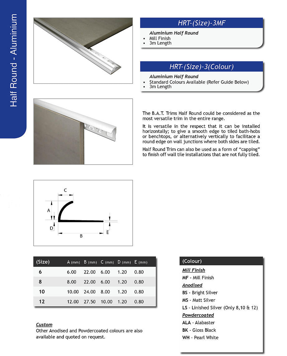 Aluminium Half Round Trim - 10mm x 3m